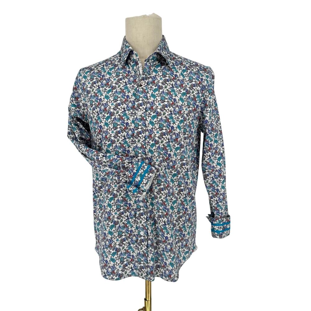 Robert Graham Casual Button Front Long Sleeve Shirt Rose Blue Floral Print M